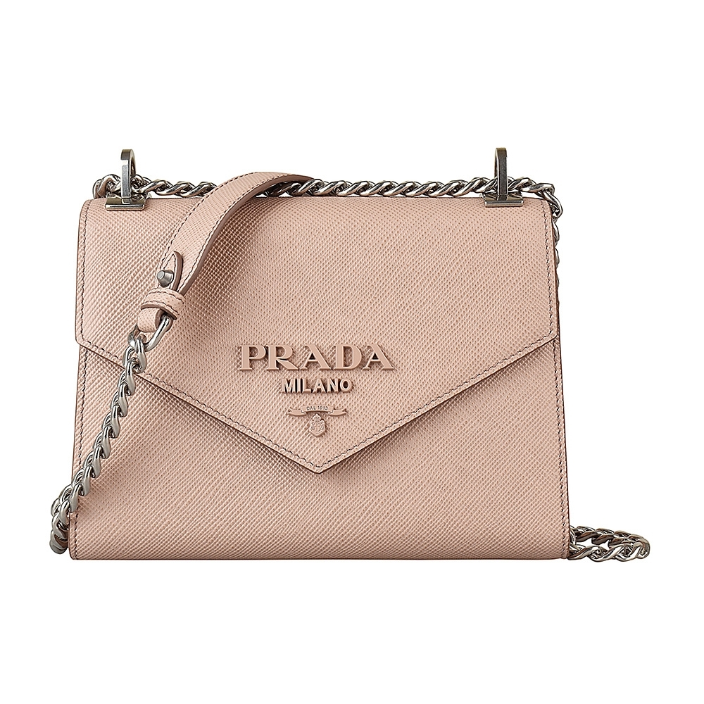 PRADA Saffiano裸粉字母LOGO防刮牛皮釦式斜背包(裸粉)