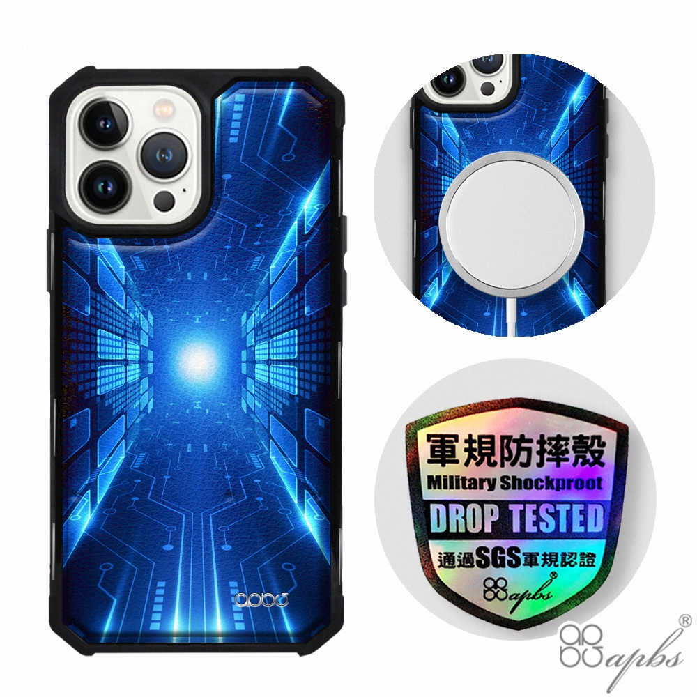 apbs iPhone 13 Pro Max / 13 Pro / 13 軍規防摔皮革磁吸手機殼-經典牛紋-科技-傳導(上光版)黑殼