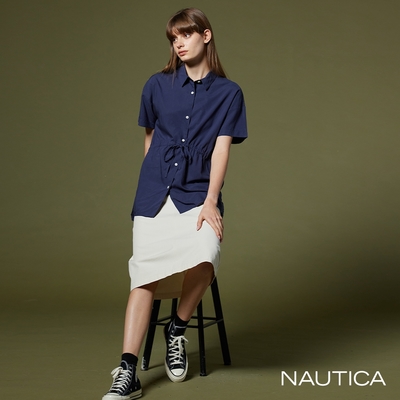 NAUTICA女裝 素面抽繩短袖襯衫-深藍