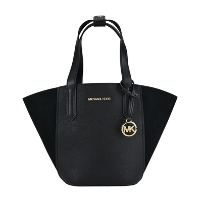 MICHAEL KORS PORTIA簡約絨面拼荔枝紋皮革扇形托特包-小/黑-展示品