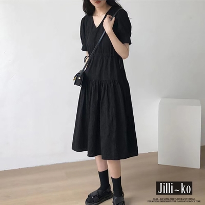 JILLI-KO 時尚氣質寬鬆縮腰顯瘦洋裝- 黑色