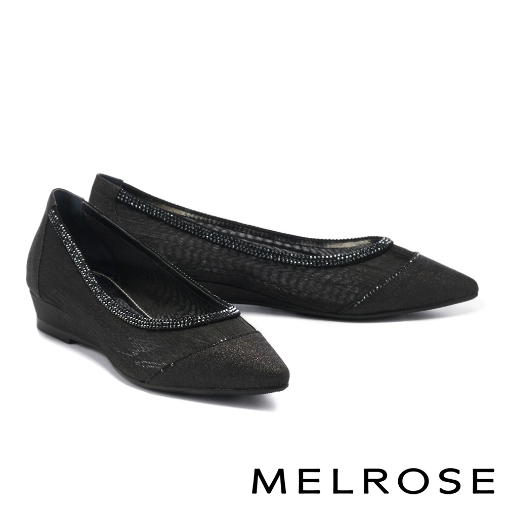 低跟鞋 MELROSE 迷人時尚晶鑽透膚網紗尖頭楔型低跟鞋－黑