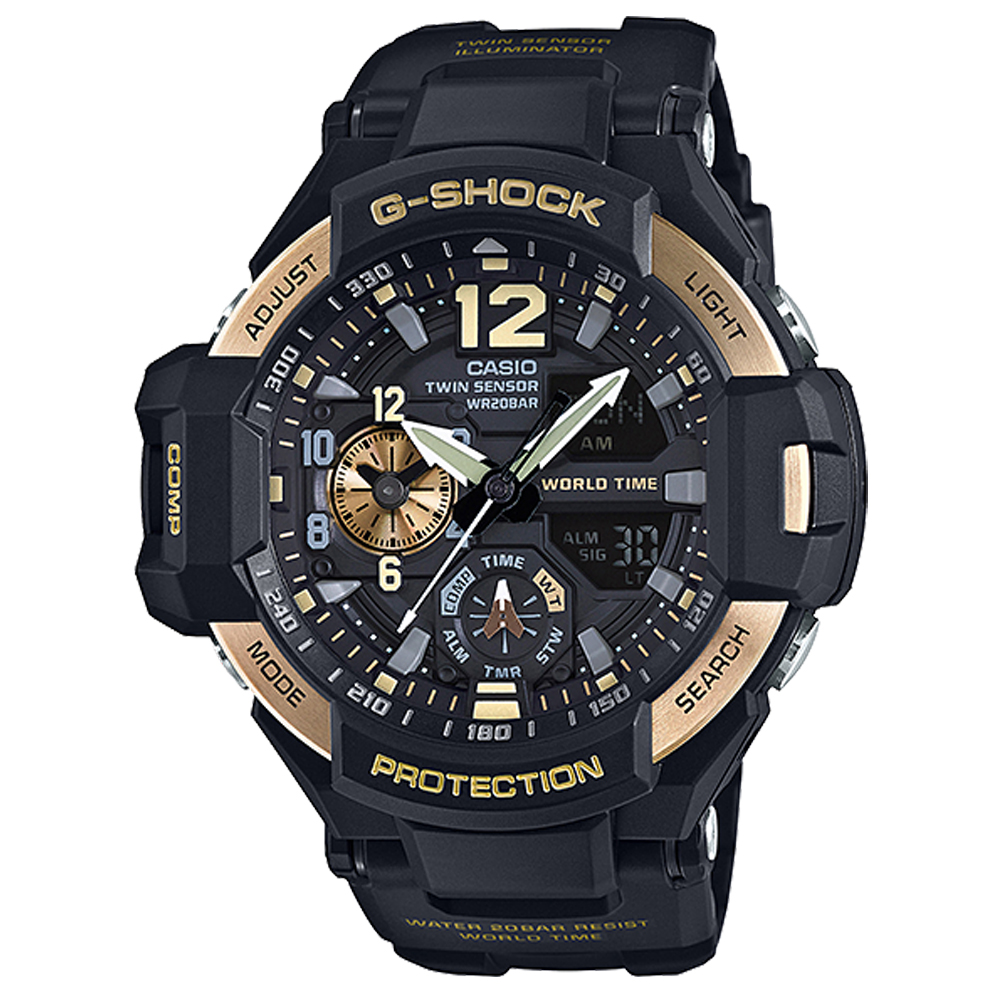 G-SHOCK 航空儀表飛行概念數位羅盤雙顯運動錶(GA-1100-9G)黑x金/52mm