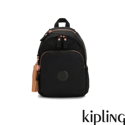 Kipling 率性玫瑰金細節黑色上方拉鍊後背包-DELIA