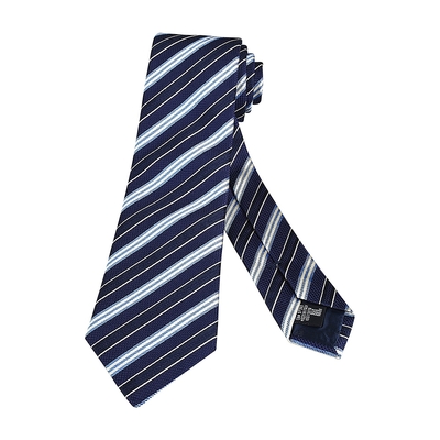 EMPORIO ARMANI老鷹緹花LOGO斜條紋設計真絲領帶(寬版/海軍藍x白)