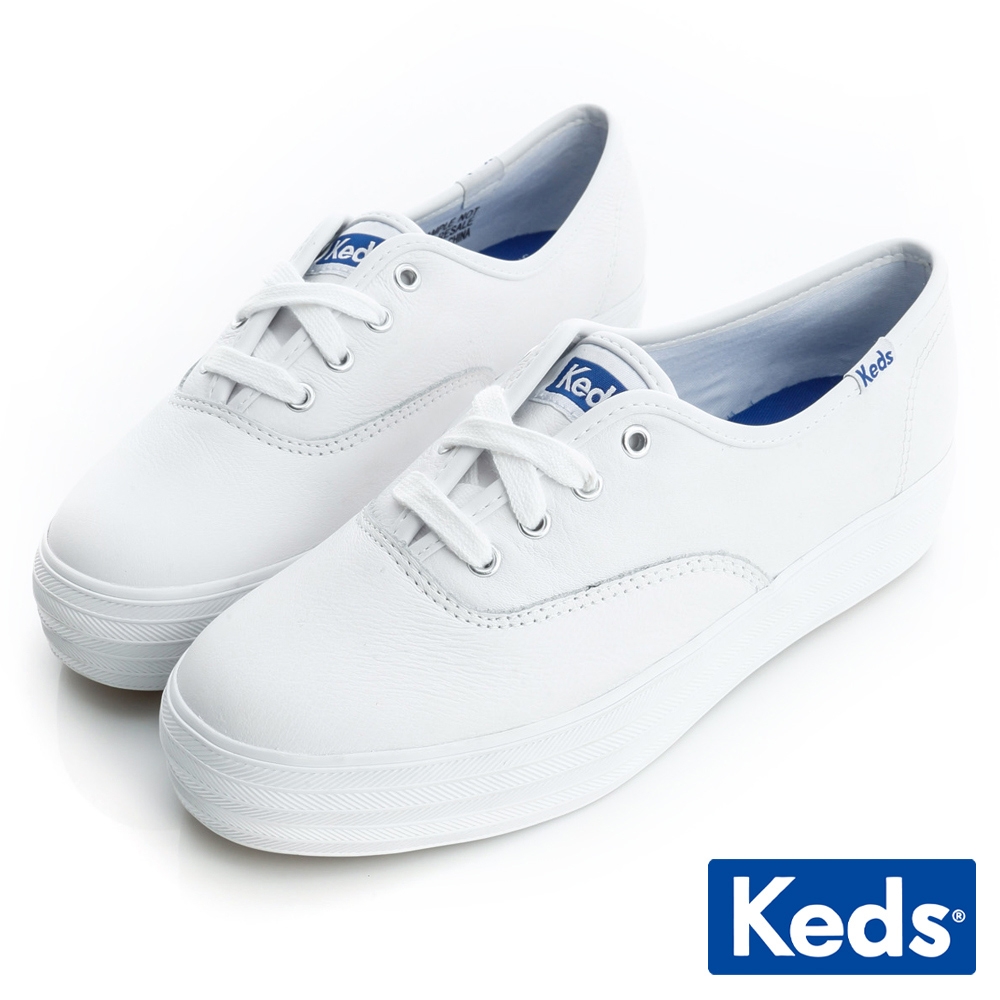 Keds 品牌經典厚底皮革綁帶休閒鞋-白