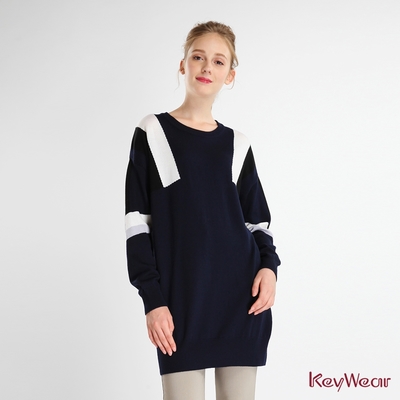 KeyWear奇威名品 時尚大塊條紋毛衣洋裝-深藍色