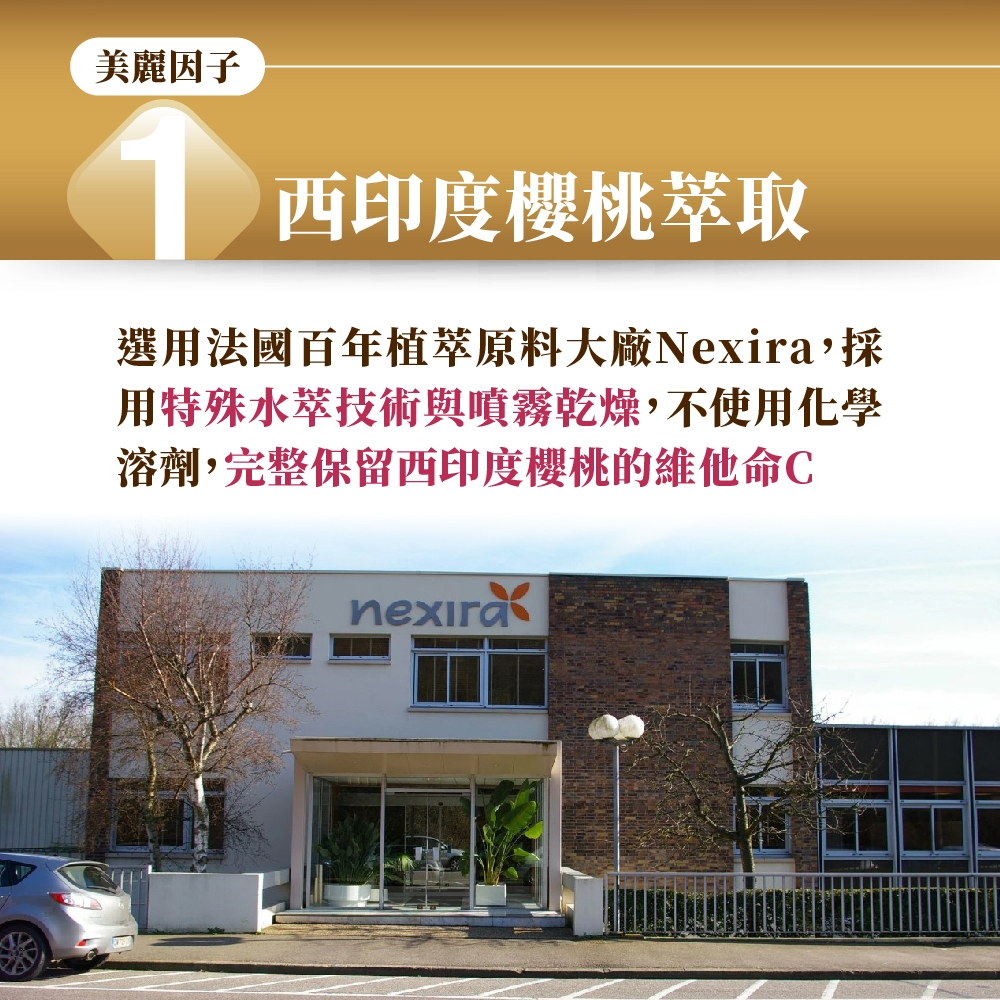 美麗因子1西印度櫻桃取選用法國百年植萃原料大廠Nexira,採用特殊水萃技術與噴霧乾燥,不使用化學溶劑,完整保留西印度櫻桃的維他命C