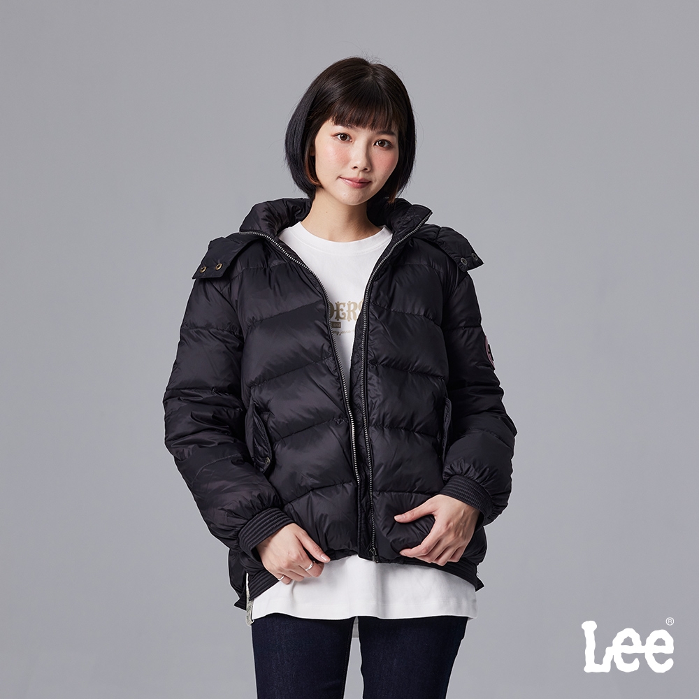 Lee 女款 手臂徽章連帽羽絨外套 黑色