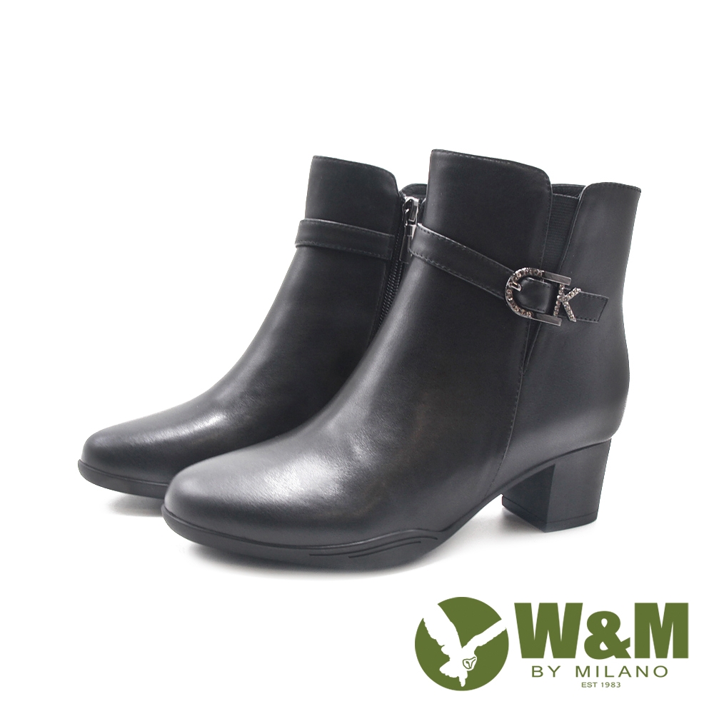 W&M(女)造型鑽飾皮釦拉鍊短靴 女鞋-黑色