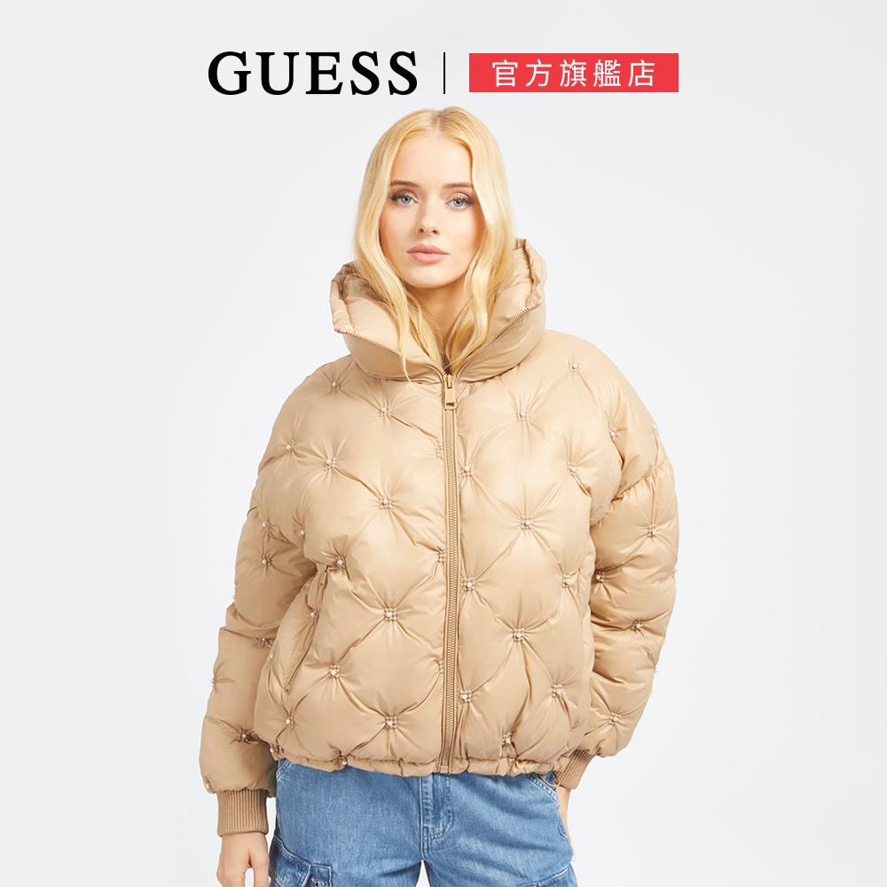 【GUESS】格紋珍珠墜飾羽絨立領長袖夾克-棕