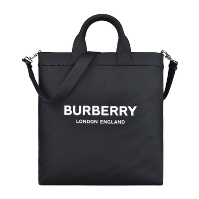 BURBERRY 巴寶莉 ARTIE白字印花LOGO尼龍釦式手提斜背托特包(黑)