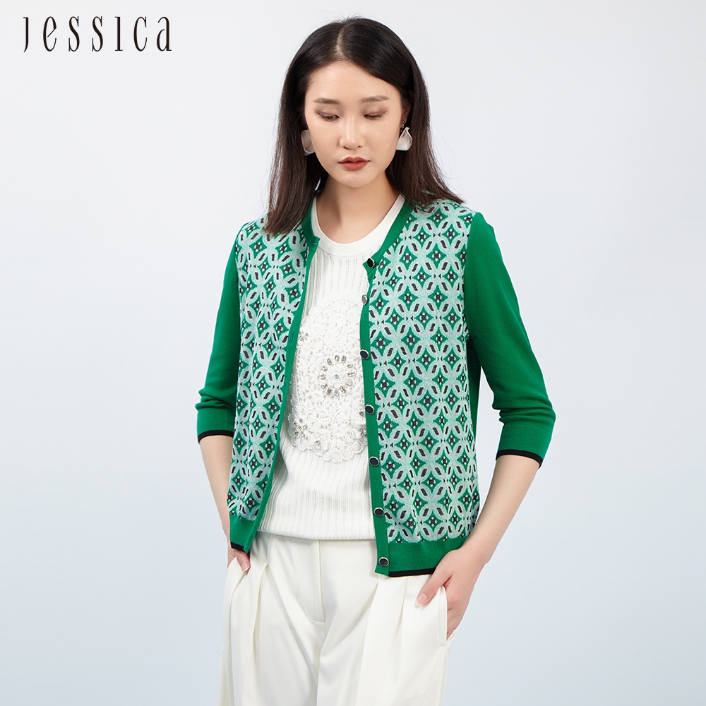 JESSICA - 輕薄舒適百搭幾何提花針織開衫外套233245（綠）