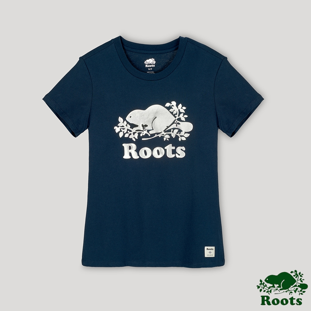 Roots 女裝- 激光海狸LOGO短袖T恤-藍色