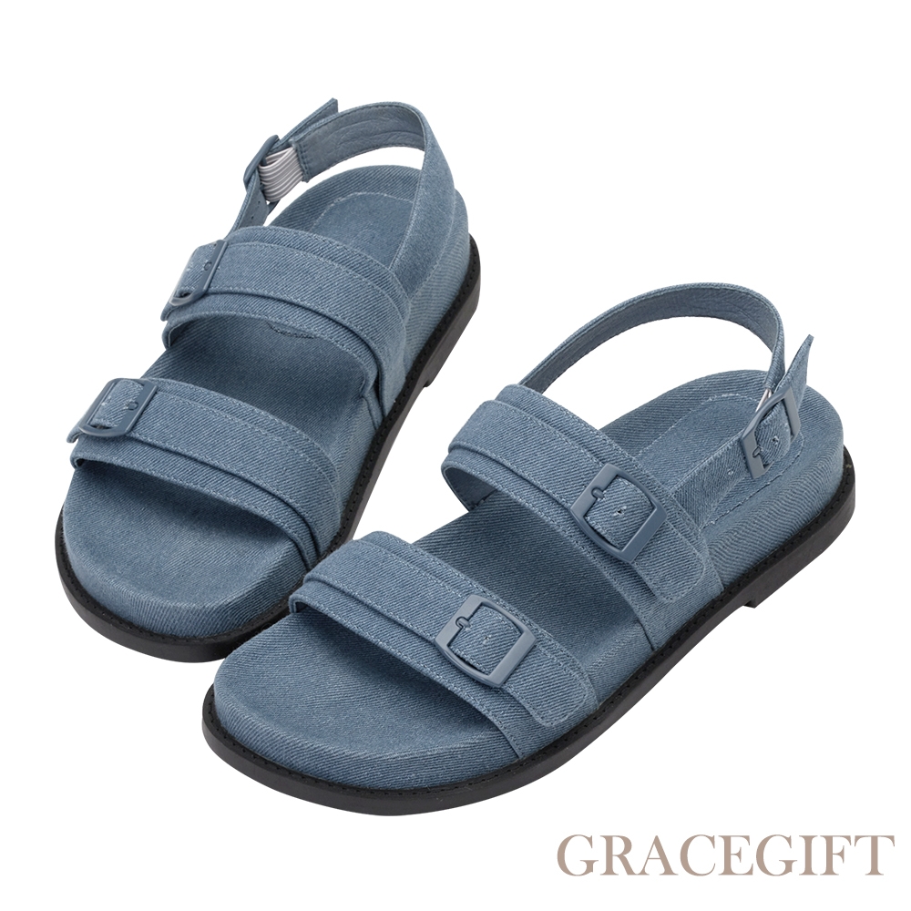 【Grace Gift】逸歡聯名-仲夏愜意雙帶休閒涼鞋 牛仔
