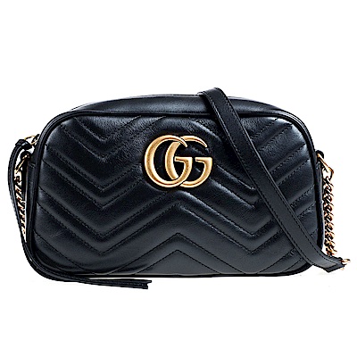 GUCCI GG Marmont 復古風牛皮縫線拉鍊斜背包(黑色/中)
