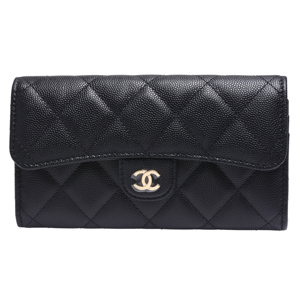 CHANEL 經典金色雙C LOGO菱格粒紋牛皮暗釦中夾(黑色)