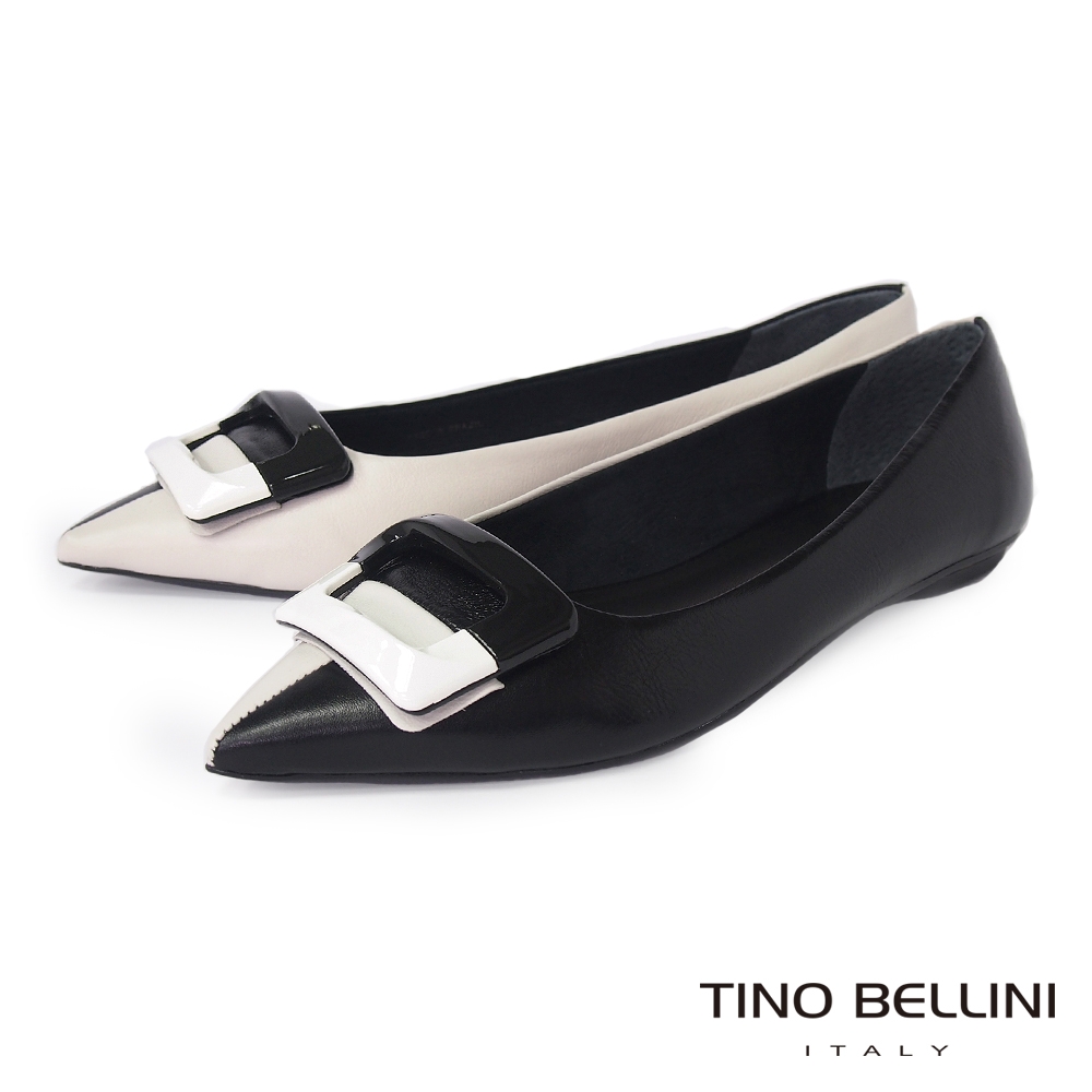 Tino Bellini 巴西進口法式優雅雙色拼接方飾尖頭平底鞋-黑