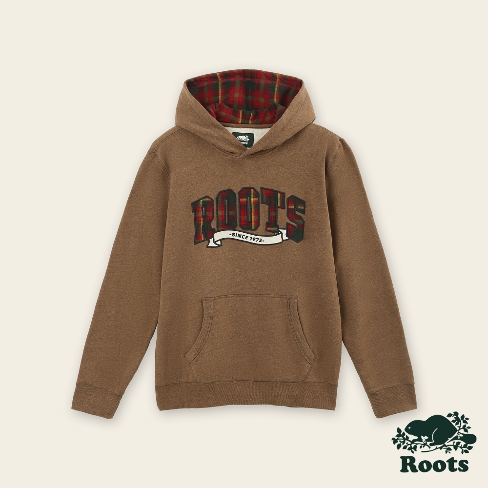 Roots男裝-經典小木屋系列 刺繡貼布連帽上衣-駝色