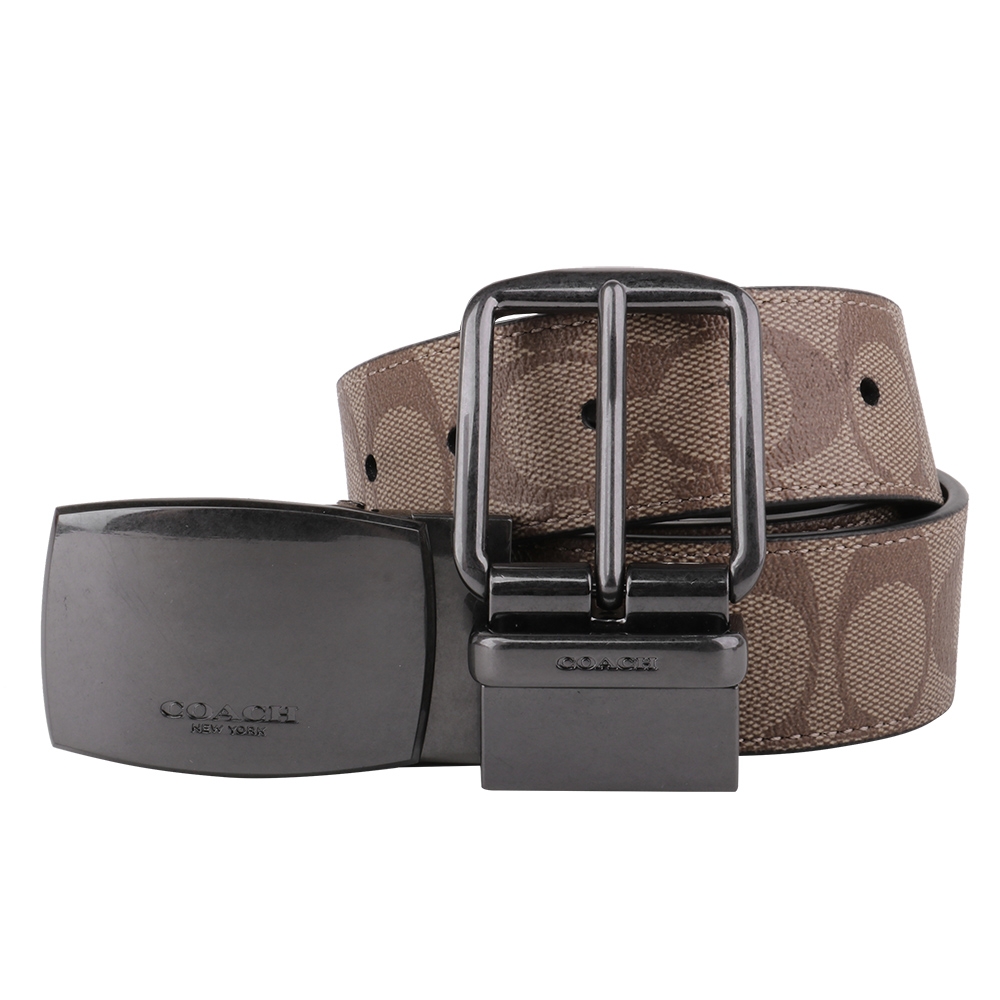 COACH 鐵牌LOGO&穿式雙皮帶頭防刮皮帶禮盒 (卡其)