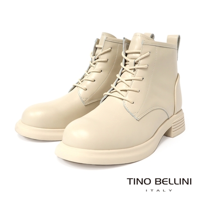 Tino Bellini 牛皮圓頭繫帶厚底短靴-米白