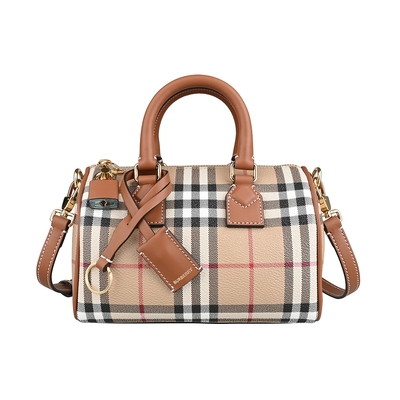 BURBERRY 經典格紋塗層帆布皮革滾邊手提斜背波士頓包(米x石楠木棕)