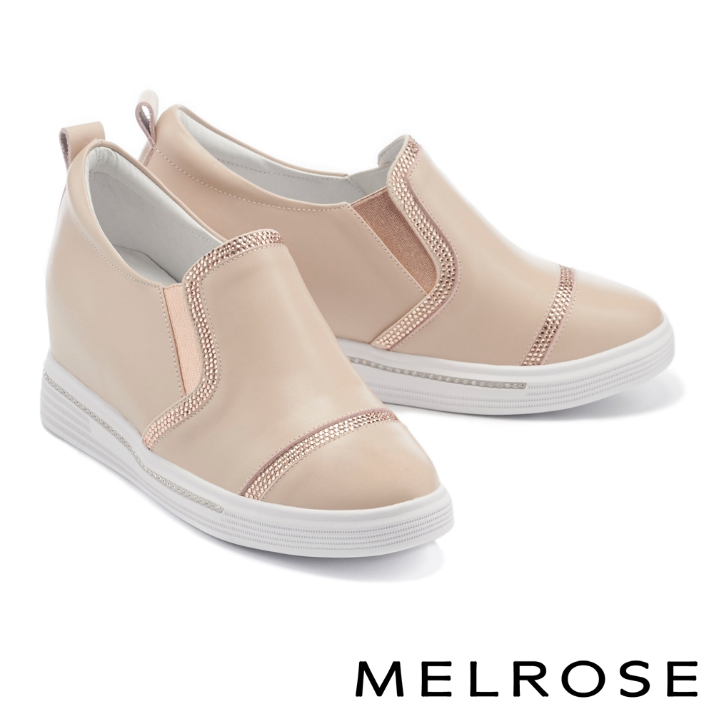 休閒鞋 MELROSE 率性閃耀晶鑽牛皮內增高厚底休閒鞋－米