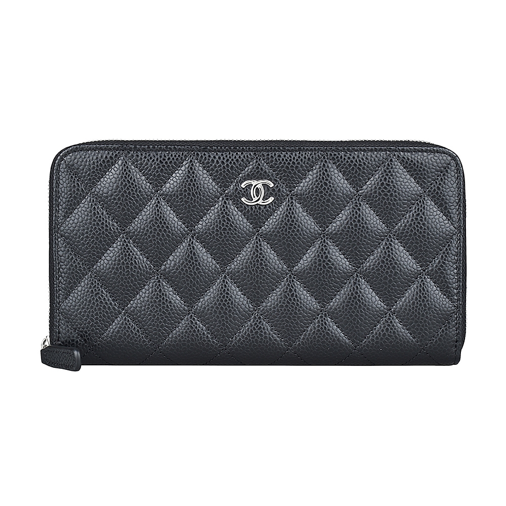 CHANEL 銀字雙C LOGO菱格紋絎縫設計魚子醬小牛皮8卡拉鏈長夾(黑)