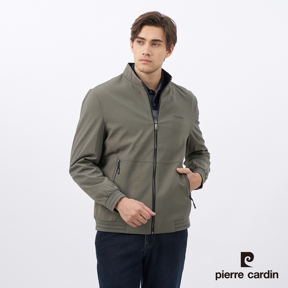 Pierre Cardin皮爾卡登 男款 都會休閒格紋立領鋪棉外套-橄欖綠色(5235751-45)