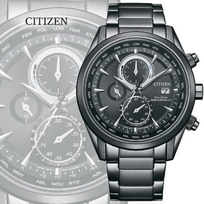 CITIZEN 星辰 GENTS 光動能 電波對時 三眼碼錶計時腕錶-黑43mm(AT8265-81E 防水100米)