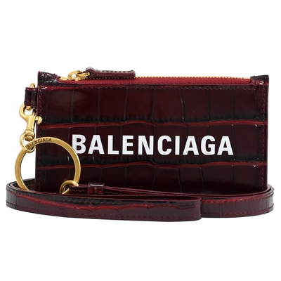 BALENCIAGA 燙印英字LOGO鱷魚壓紋小牛皮頸掛式卡片零錢包(深紅色)