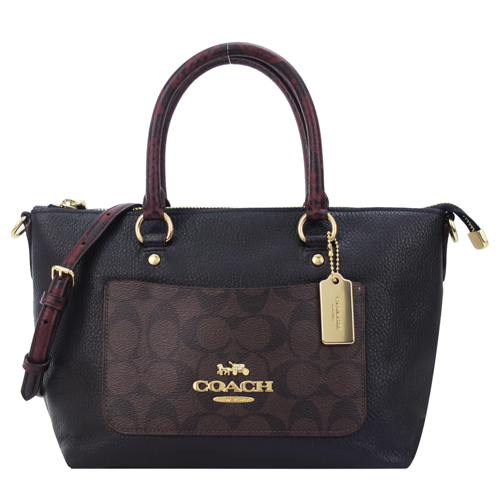 COACH LOGO 蛇紋壓花手提/斜背兩用包(黑X咖)