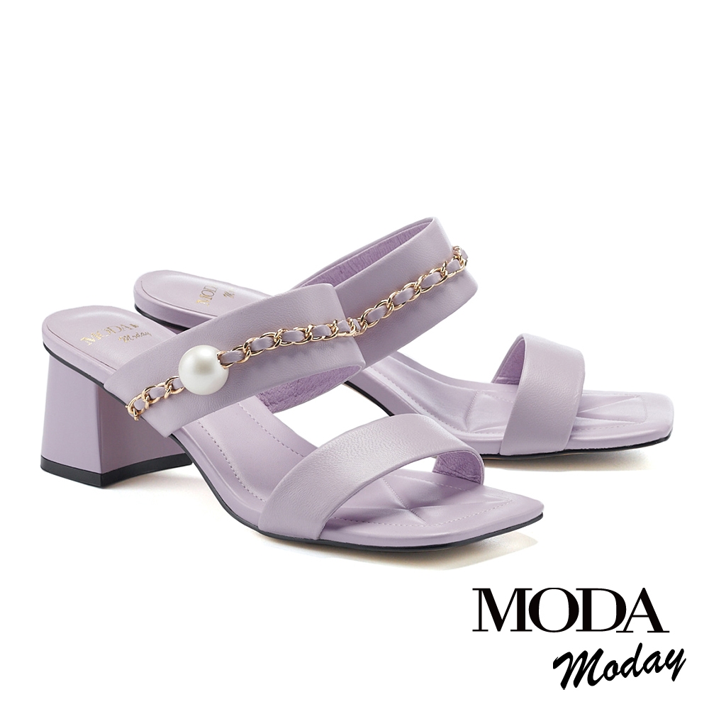拖鞋  MODA MODAY 氣質珍珠鏈條寬繫帶羊皮方頭高跟拖鞋－紫
