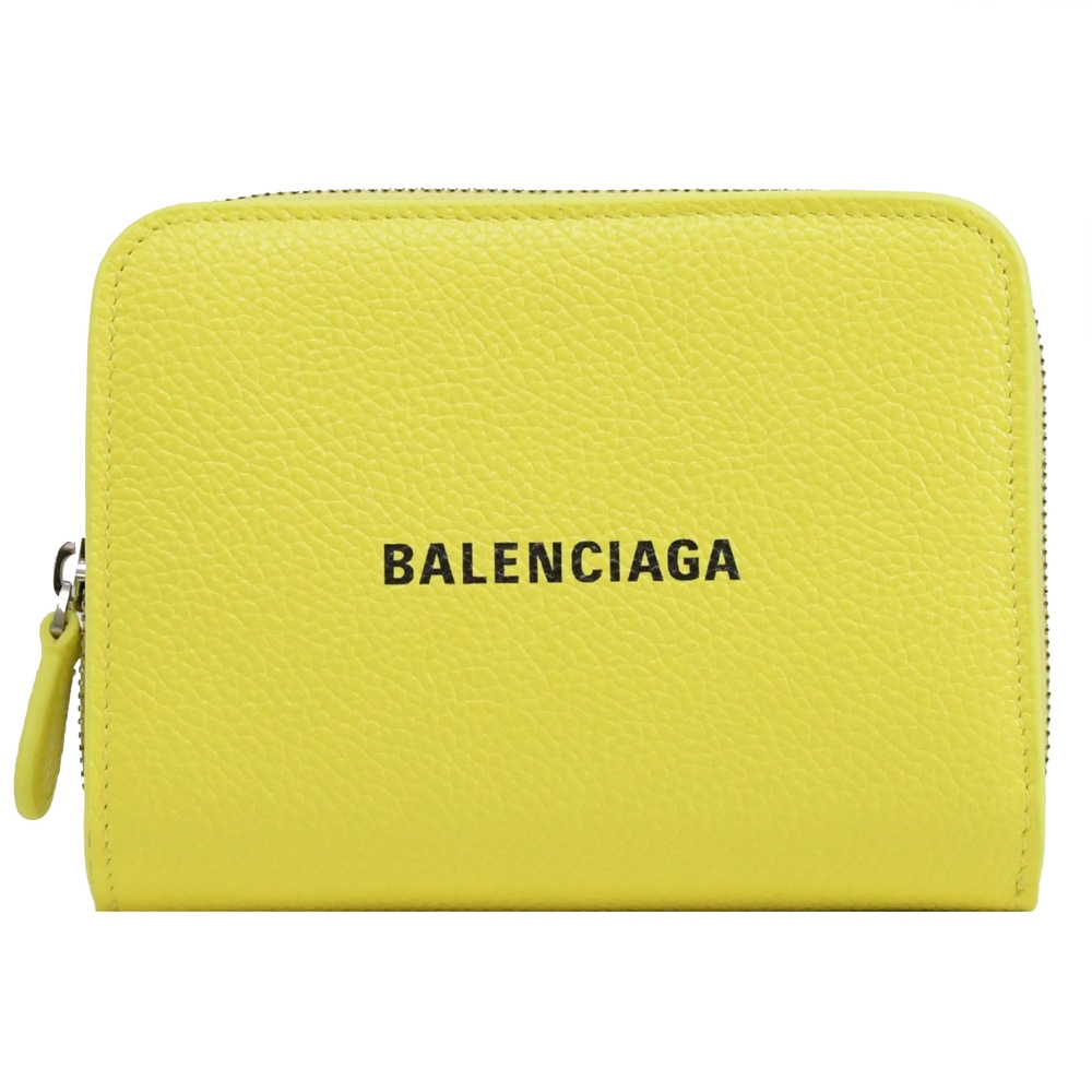 BALENCIAGA 簡約文字LOGO牛皮素色拉鍊釦式零錢中短夾(亮黃)