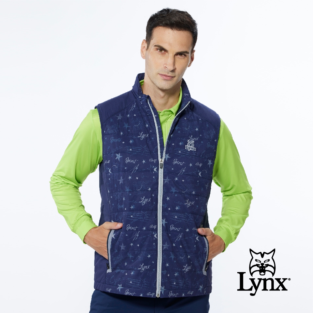 【Lynx Golf】男款吸排功能滿版星空印花鋪棉內刷毛無袖背心-深藍色