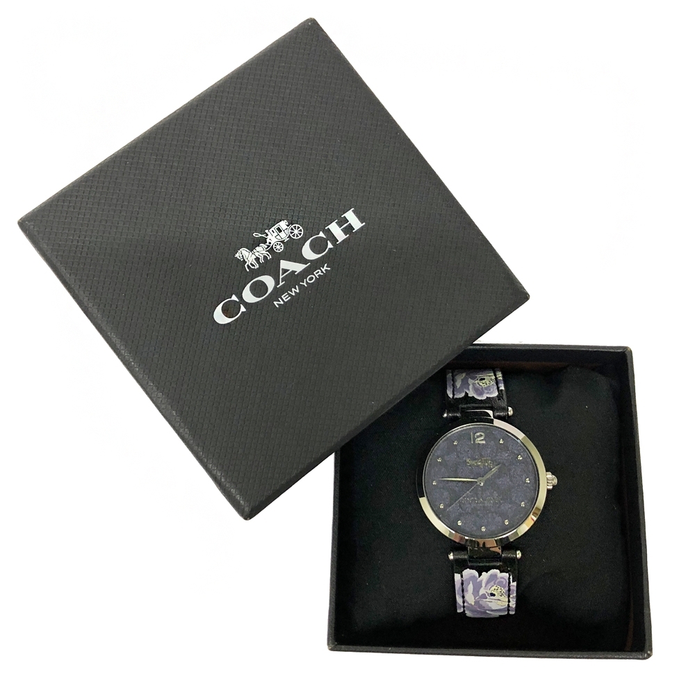 COACH 滿版C鏡面手錶原廠禮盒(花卉黑/紫)
