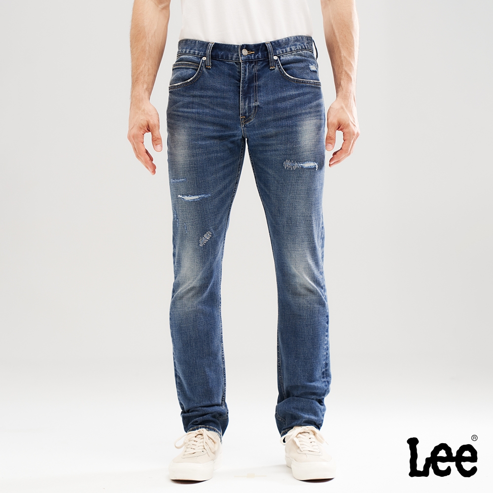 Lee 男款 706 刷破低腰合身窄管牛仔褲 深藍洗水