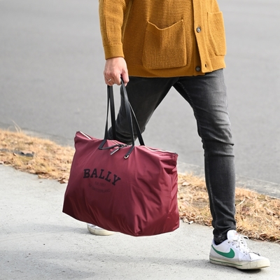 BALLY FOLDABLETOTEXLTR 經典品牌LOGO輕量尼龍摺疊托特包禮盒組(深紅-附手拿包)