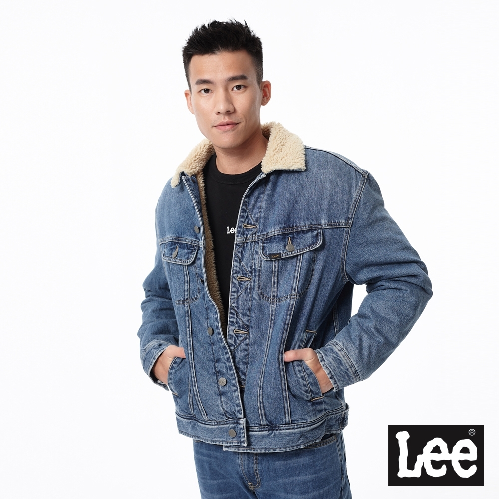 Lee 男款 羊羔絨領口牛仔外套 中淺藍洗水