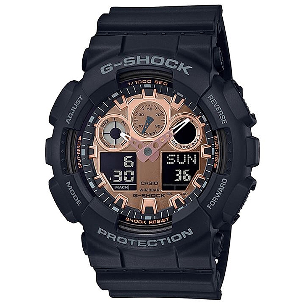 G-SHOCK 時尚霧面黑搭配玫瑰金設計風格雙顯錶-(GA-100MMC-1A)/55mm