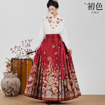 初色 中華風高腰復古印花馬面裙半身裙長裙-共3色-32772(M-XL可選)