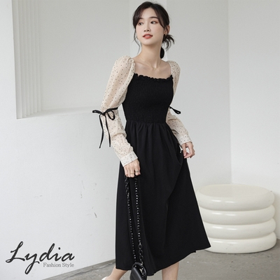 【Lydia】現貨 法式溫柔復古波點泡泡袖連身洋裝(黑 M.L.XL)