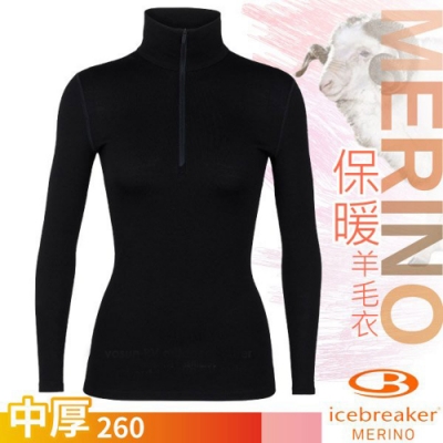 Icebreaker 女 260 Tech 美麗諾羊毛中厚款半開襟長袖上衣_黑