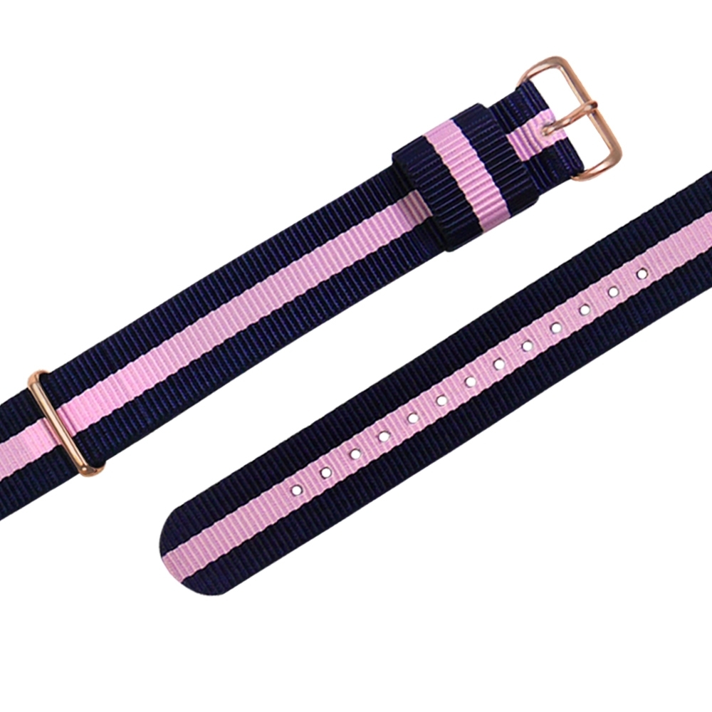 Watchband DW 各品牌通用 鍍玫瑰金不鏽鋼扣頭 尼龍錶帶-藍x粉