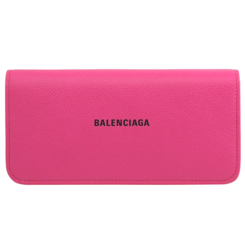 BALENCIAGA 經典字樣LOGO素色牛皮翻蓋釦式長夾(桃)