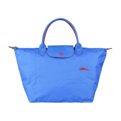 LONGCHAMP COLLECTION刺繡LOGO尼龍摺疊短把拉鍊手提包(中/藍紫x紅)