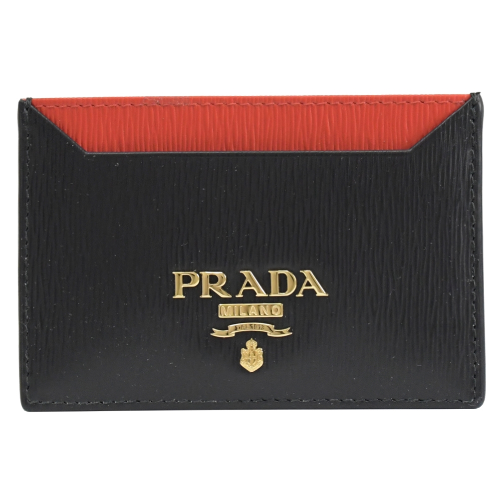 PRADA 金屬LOGO水波紋簡易卡片名片夾(黑/紅)