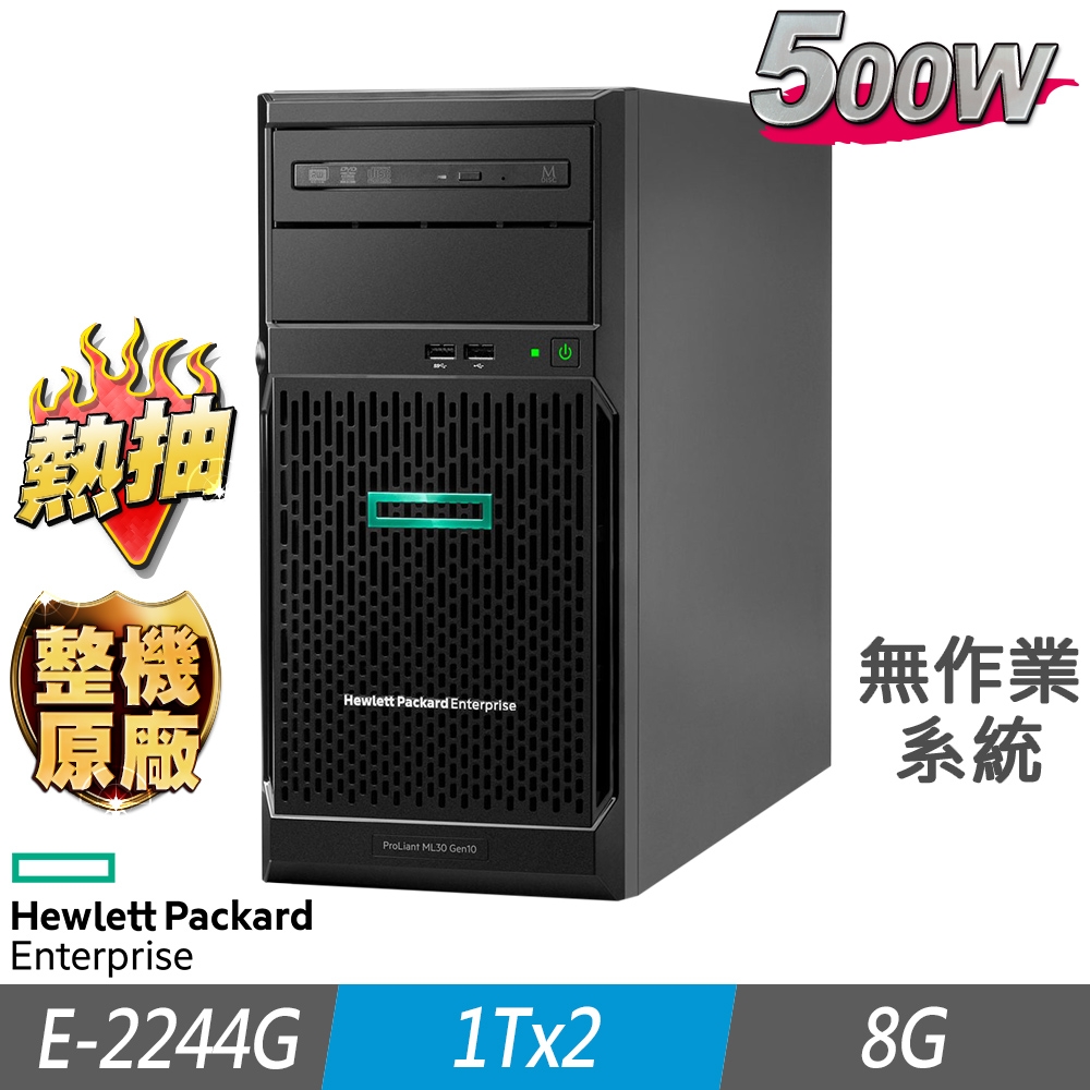 (熱抽現貨優惠機) HPE ML30 Gen10 熱抽伺服器 E-2244G/8G/1TBx2/FD