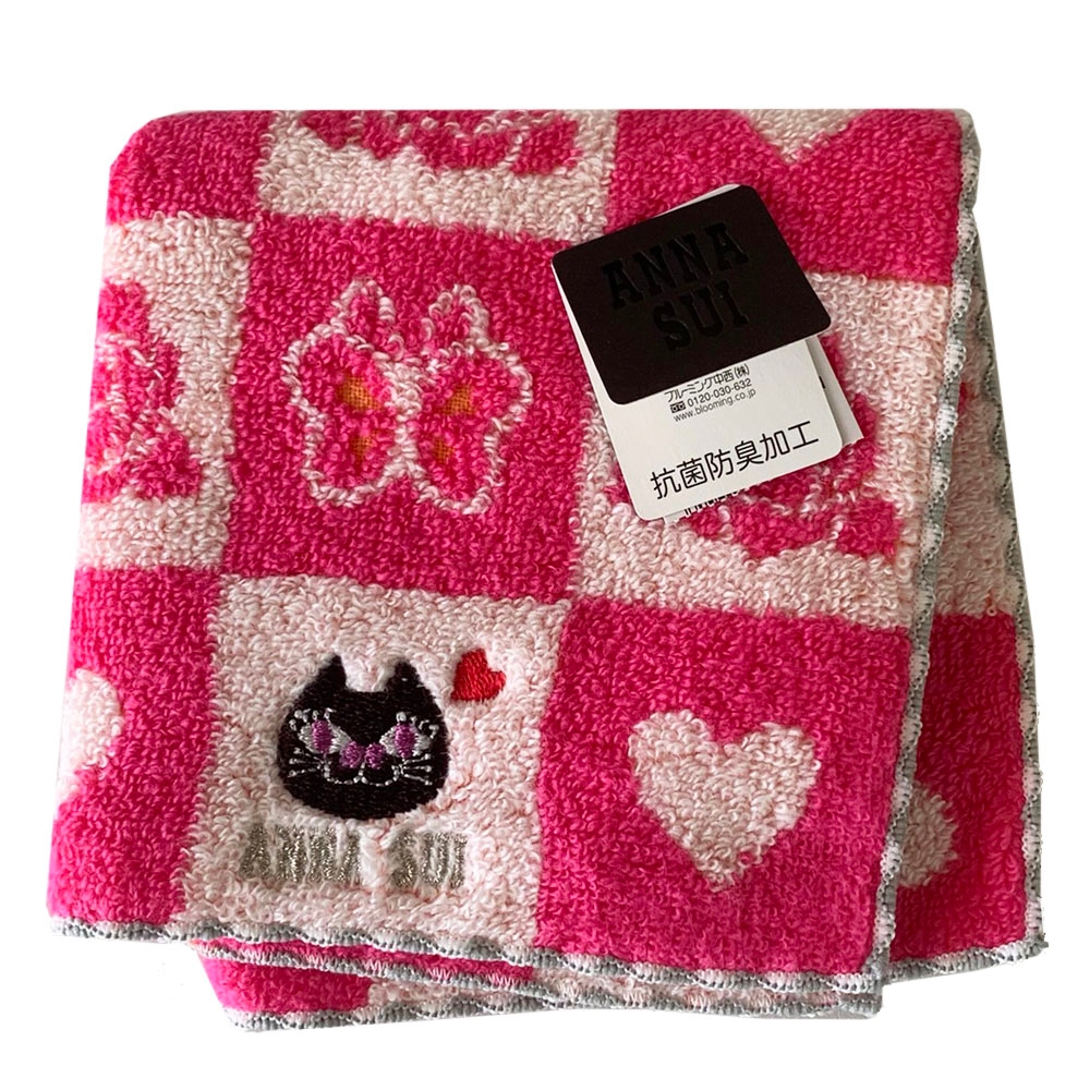 ANNA SUI 方塊圖騰花朵字母黑貓LOGO刺繡小方巾(粉紅色系)