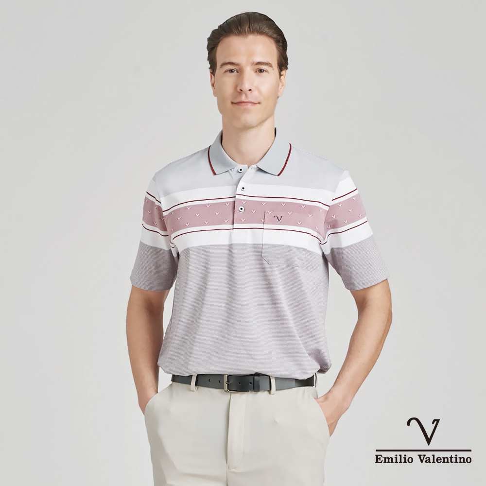 【Emilio Valentino范倫鐵諾】男裝吸排涼感彈性短袖POLO衫-紅白灰(15-3V7925)